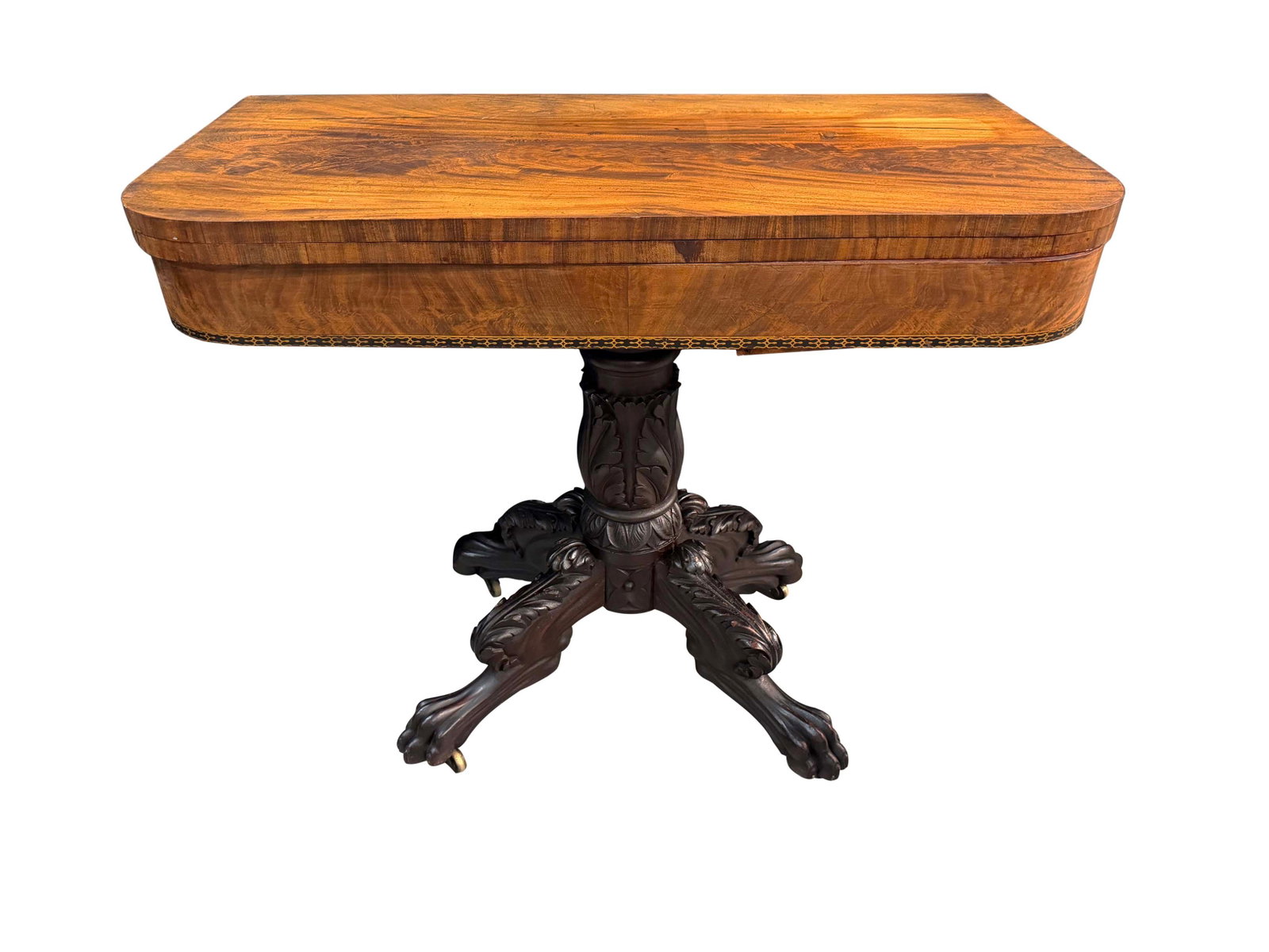 FEDERAL FLIP TOP CARD TABLE WITH ACANTHUS LEAF CARVED BASE, SUN FADING TOP, NEEDS SOME REPAIR, SIZE (1 of 4)