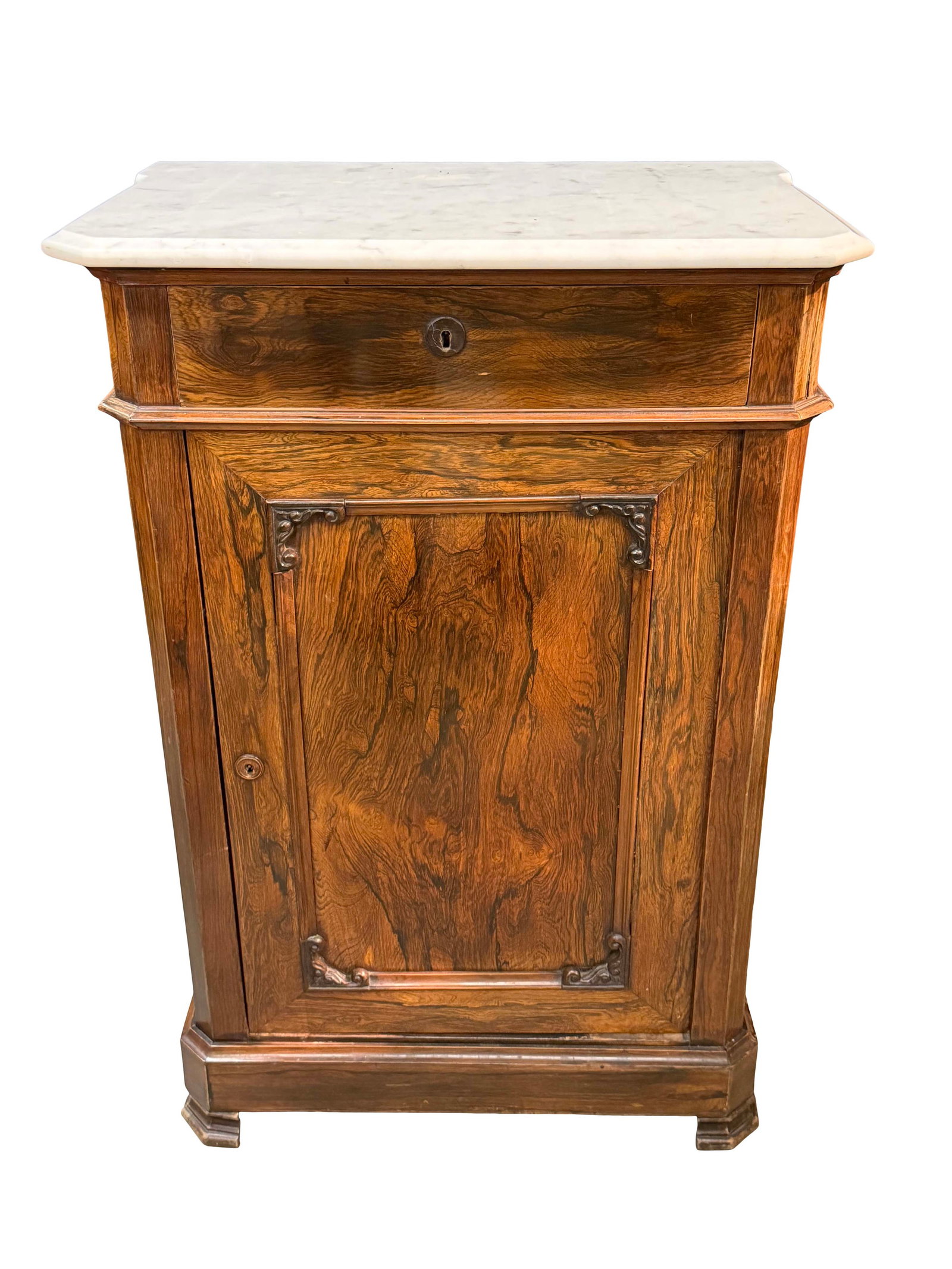 ROSEWOOD SINGLE DOOR MUSIC CABINET WITH WHITE MARBLE TOP, SIZE 38"H X 26"W X 18"D (1 of 3)
