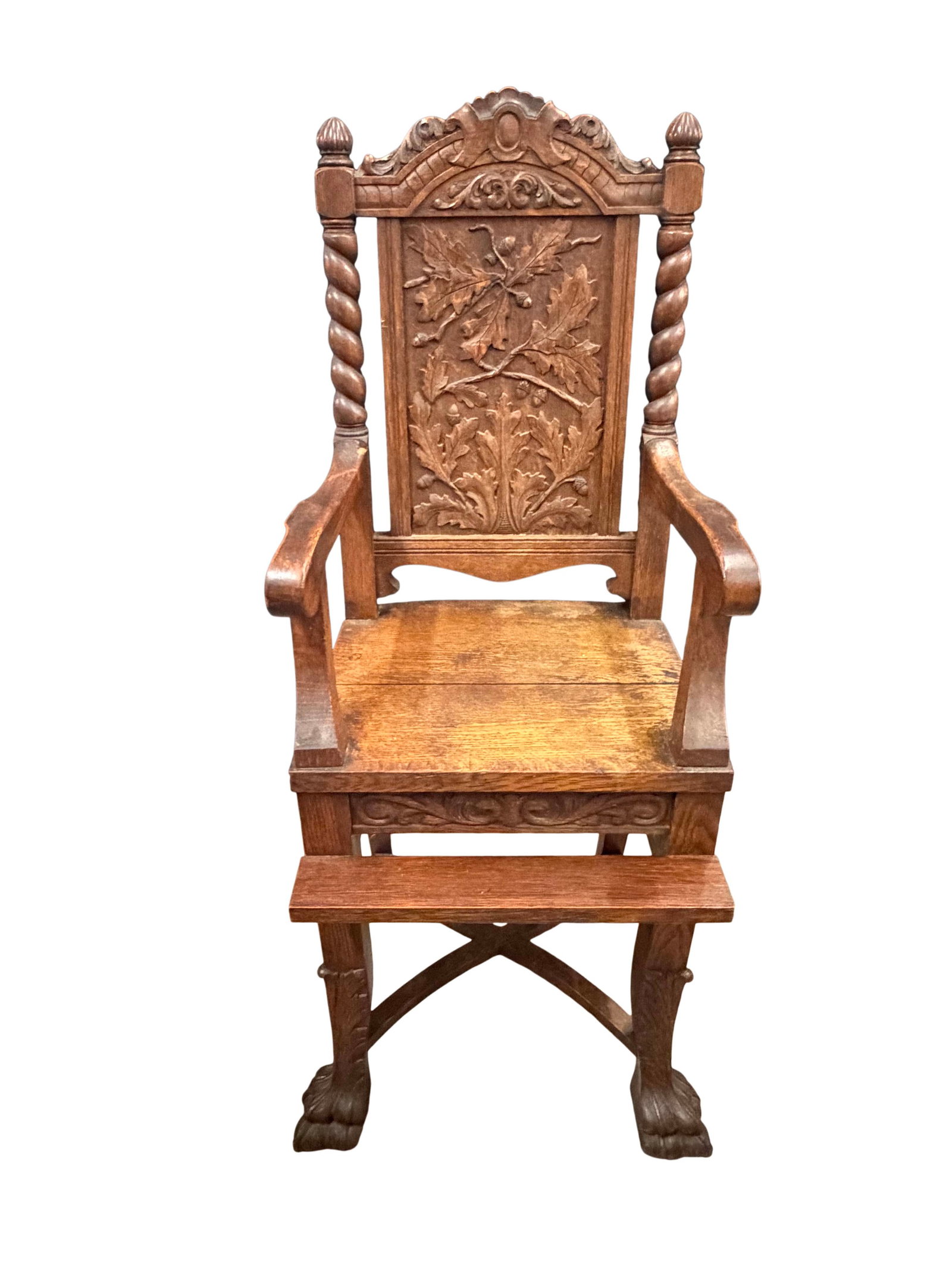 OAK CHILD'S HIGHCHAIR WITH CLAW FEET WITH CARVED OAK LEAVES AND ACORNS, SIZE 44"H X 19"W X 16"D (1 of 3)