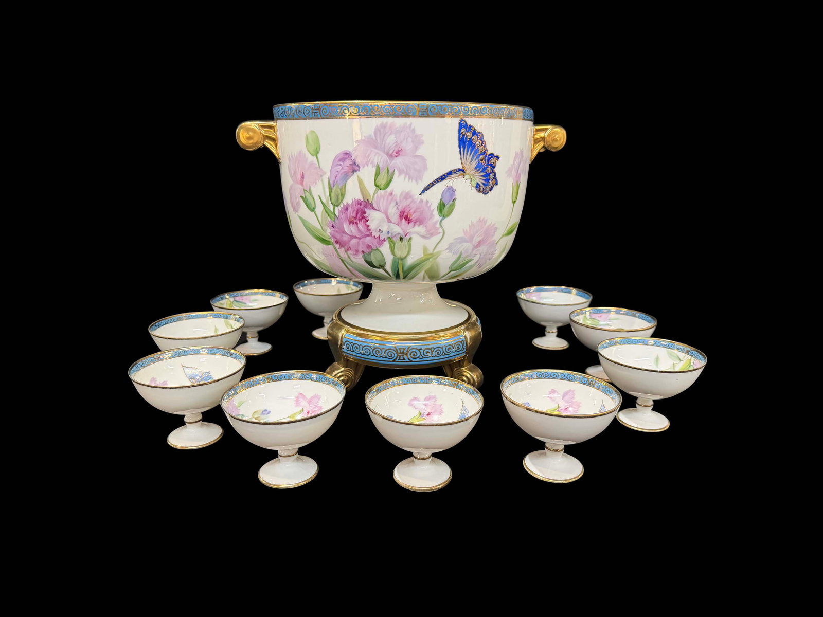 HAND PAINTED NIPPON PUNCH BOWL SET, BOWL, PEDESTAL AND 10 CUPS, BOWL AND PEDESTAL SIZE 11 1/2"H X (1 of 4)