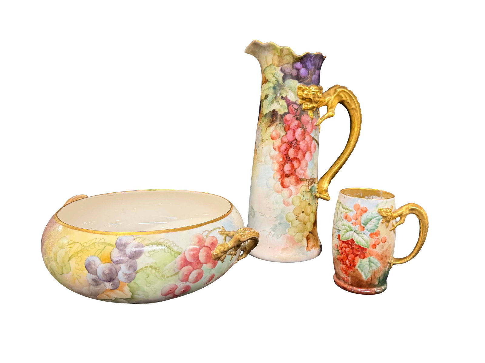 3 PC OF HAND PAINTED LIMOGES WITH DRAGON HANDLES BOWL SIZE 5"H X 13"W , PITCHER 14 1/2"H X 8"W, MUG (1 of 6)