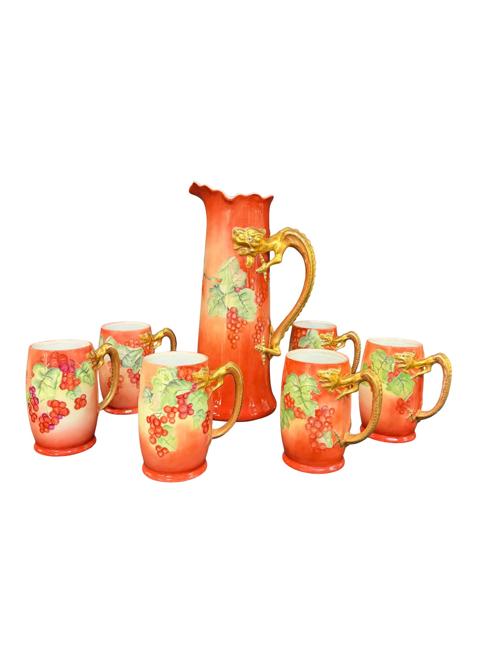 LIMOGES HAND PAINTED TANKARD WITH DRAGON HANDLE WITH 6 MATCHING MUGS WITH DRAGON HANDLES,TANKARD (1 of 3)