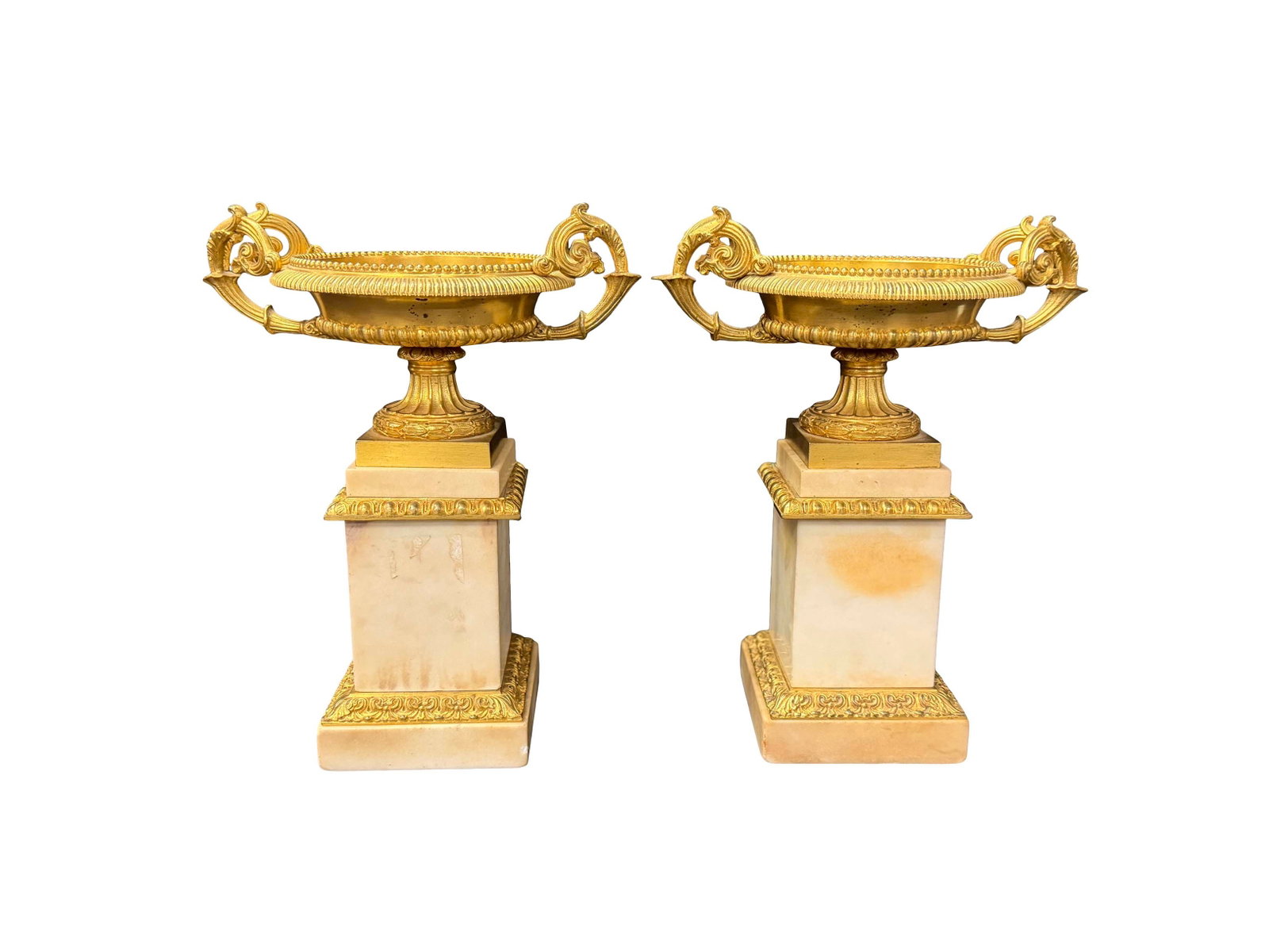 SMALL MANTEL SIZE GILT BRONZE AND MARBLE URNS WITH HANDLES, SIZE 12"H X 9"W X 6"D EACH (1 of 3)