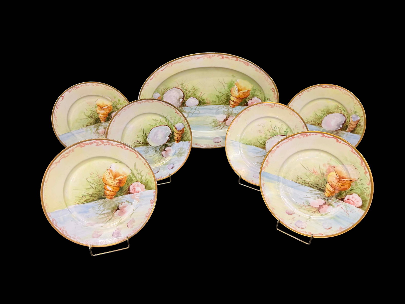 7 PC BAVARIA HAND PAINTED OYSTER PLATE SET, PLATTER SIZE 13" X 19", PLATES 10" (1 of 2)