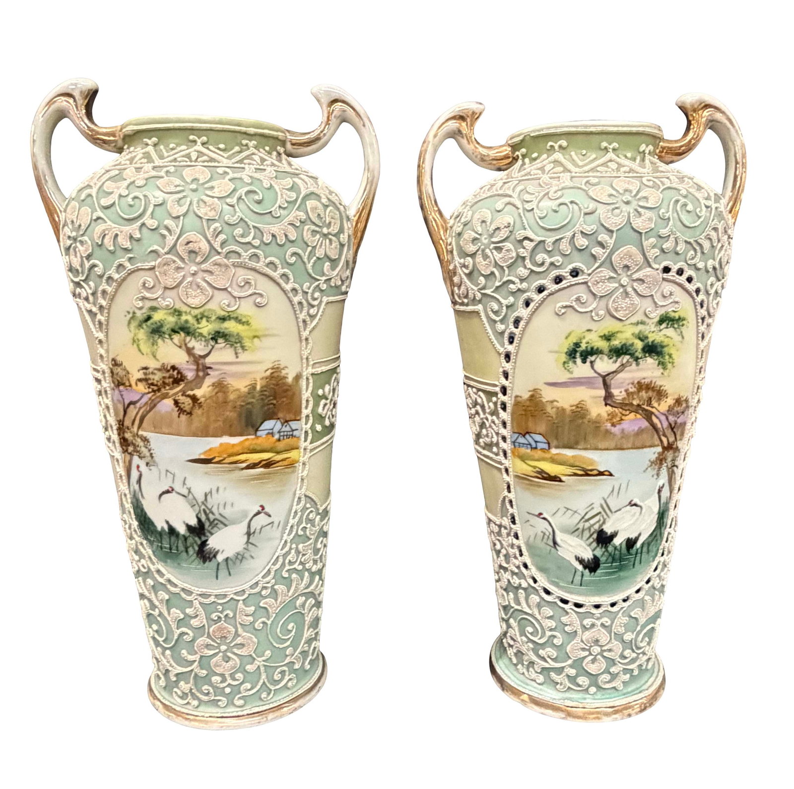 PAIR OF HAND PAINTED NIPPON VASES WITH BIRDS, SOME CHIPS AROUND THE BASE, SIZE 13"H X 7"W - EACH (1 of 3)