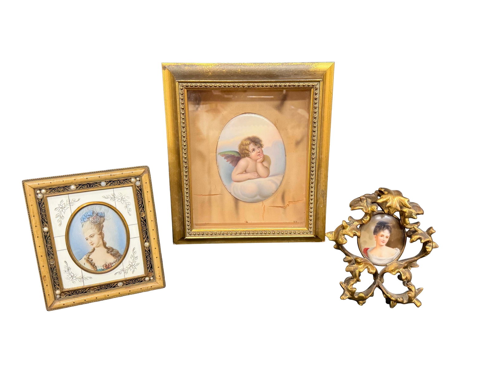 GROUP OF 3 PORTRAITS PAINTED ON PORCELAIN IN FRAMES, FRAME SIZES WITH PORCELAIN 10"H X 9"W, 6"H X 5 (1 of 2)