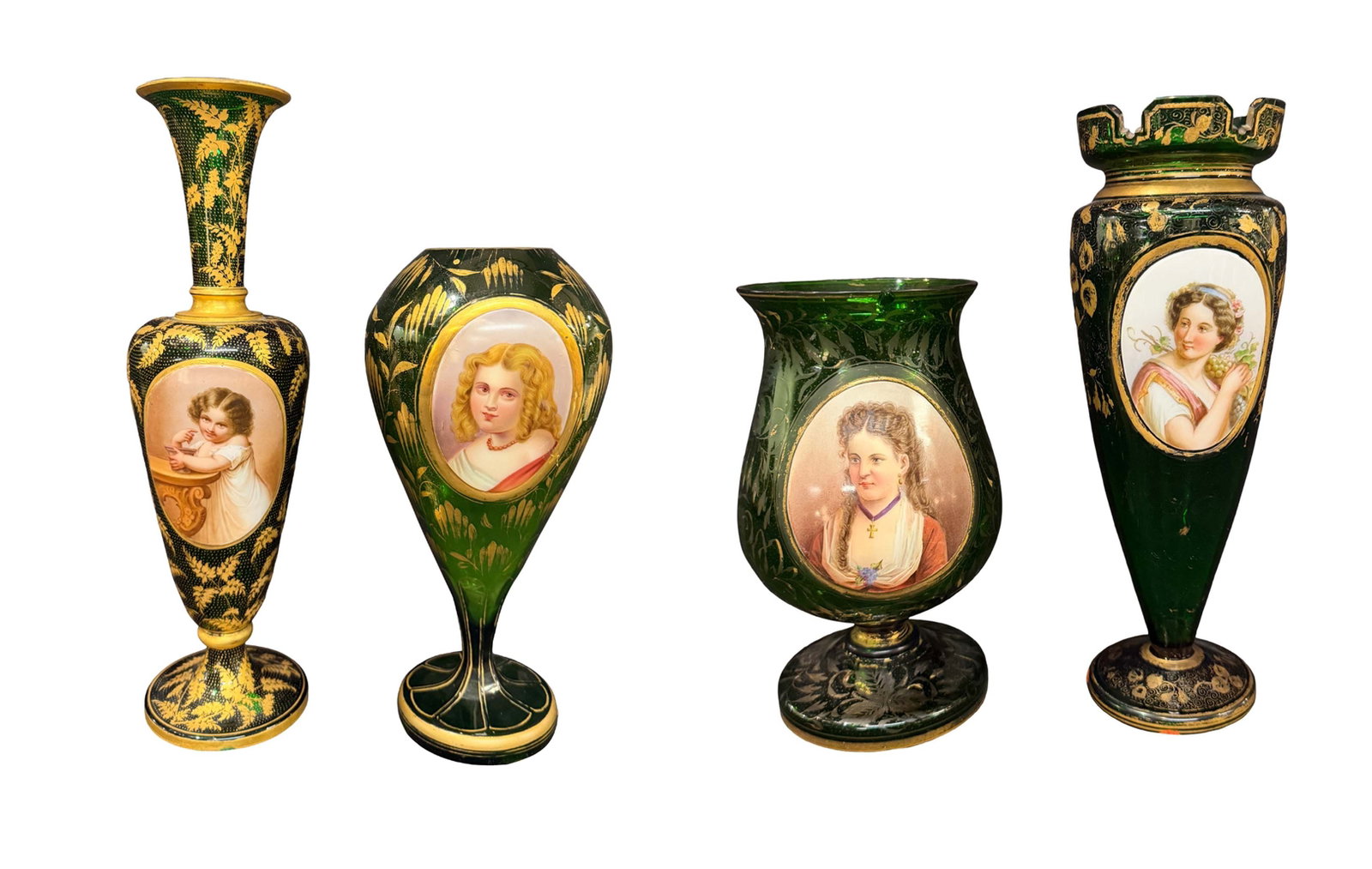 MOSER STYLE GREEN PORTRAIT VASES 4 PC, WITH MINOR CHIPS, SIZE 18"H X 5"W, 14"H X 7"W, 12"H X 4 (1 of 5)