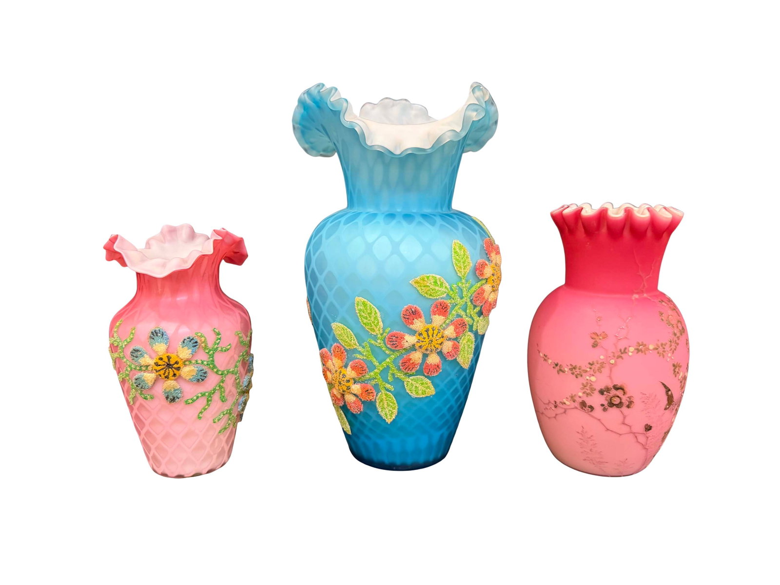 3 PC OF VICTORIAN GLASS VASES, 11"H X 6"W, 7 1/2"H X 4 1/2"W, 7"H X 4"W (1 of 1)