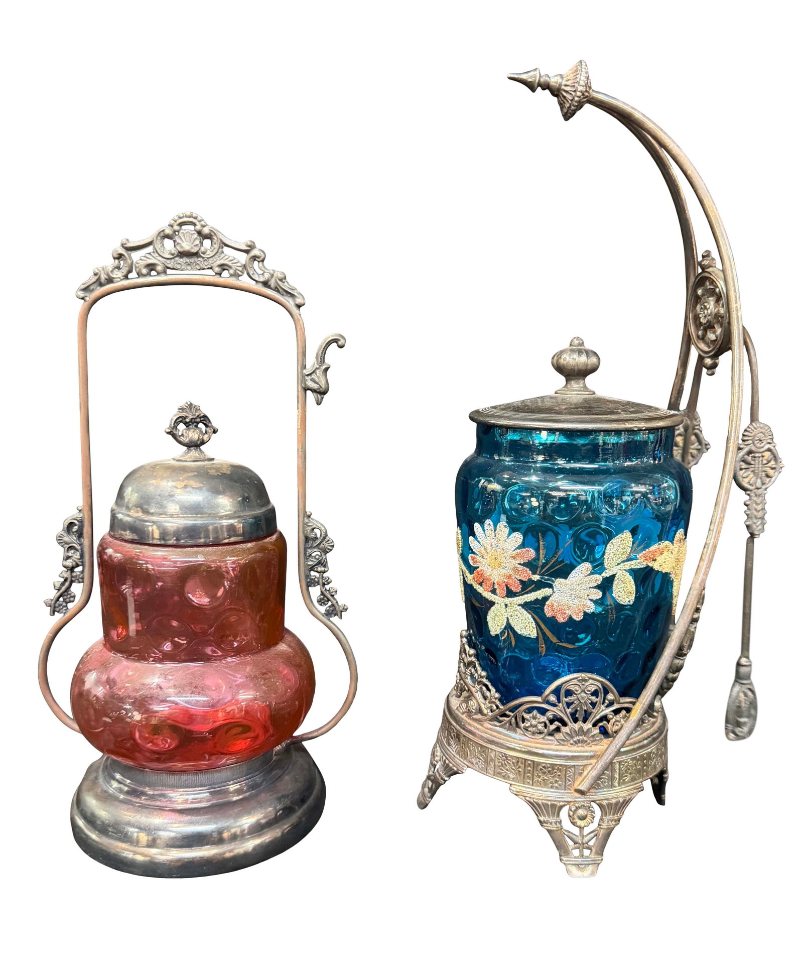GROUP OF 2 VICTORIAN PICKLE CASTORS, COLORED GLASS, MISSINGONE SET OF TONGS, (1 of 1)