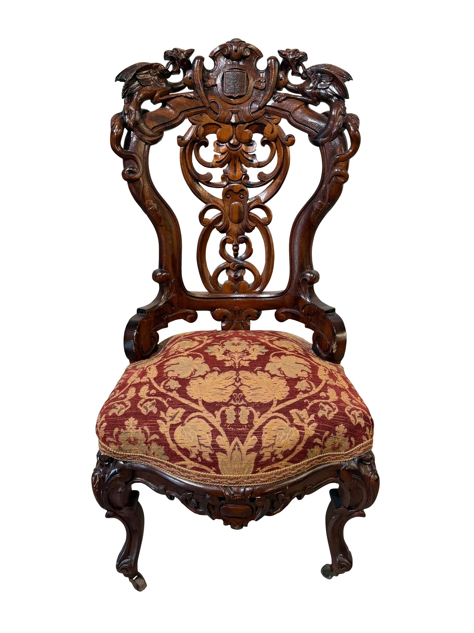 VICTORIAN SIDE CHAIR WITH WINGED GRIFFINS, SIZE 40"H X 21"W X 20"D (1 of 2)
