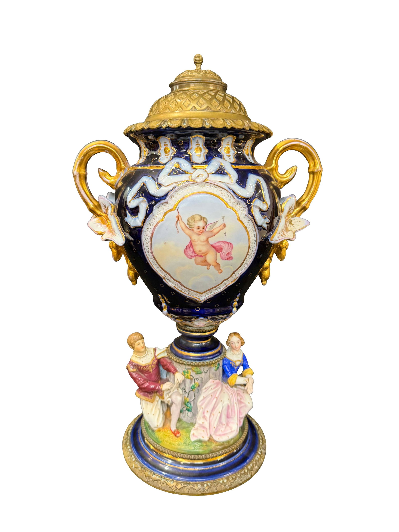 FRENCH HAND PAINTED PORCELAIN URN WITH BRONZE LID, SIZE 17"H X 11"W (1 of 6)