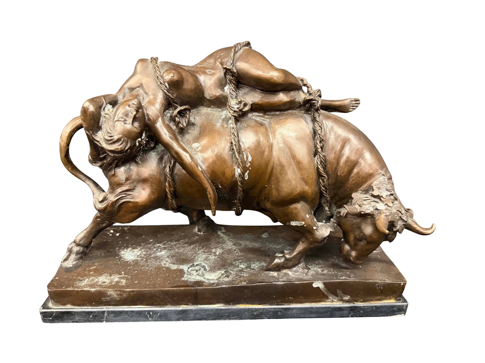 BRONZE LADY TIED TO THE BACK OF A BULL 11"H X 16"W X 6"D (1 of 3)