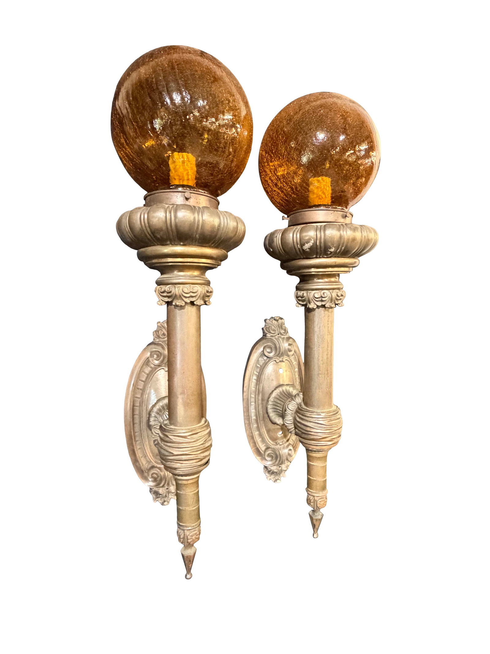 PAIR OF WALL SCONCES HEAVY BRONZE W/ CRACKLE GLASS ROUND GLOBES, 30"H X 8"W X 10"D - EACH (1 of 3)