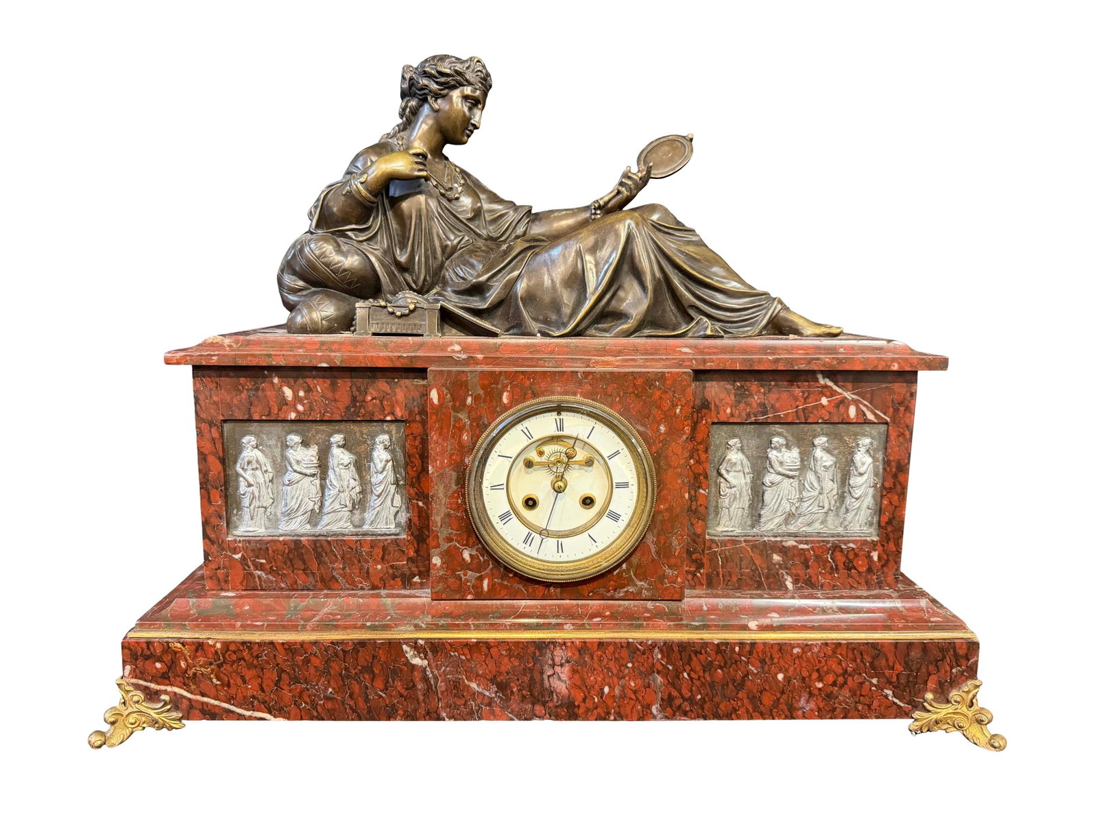 HEAVY MARBLE FRENCH CLOCK WITH RECLINING BRONZE LADY STATUE, SIZE 25"W X 20"H X 9"D (1 of 4)