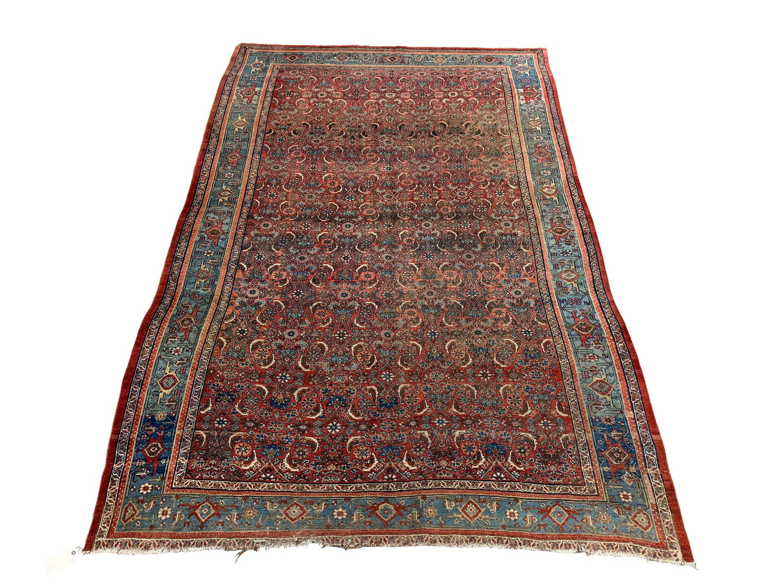 ANTIQUE PERSIAN HAND WOVEN RUG 11'5" X 7'8" HAS LOTS OF WEAR AND LOSS OF FRINGE AROUND BORDER (1 of 3)