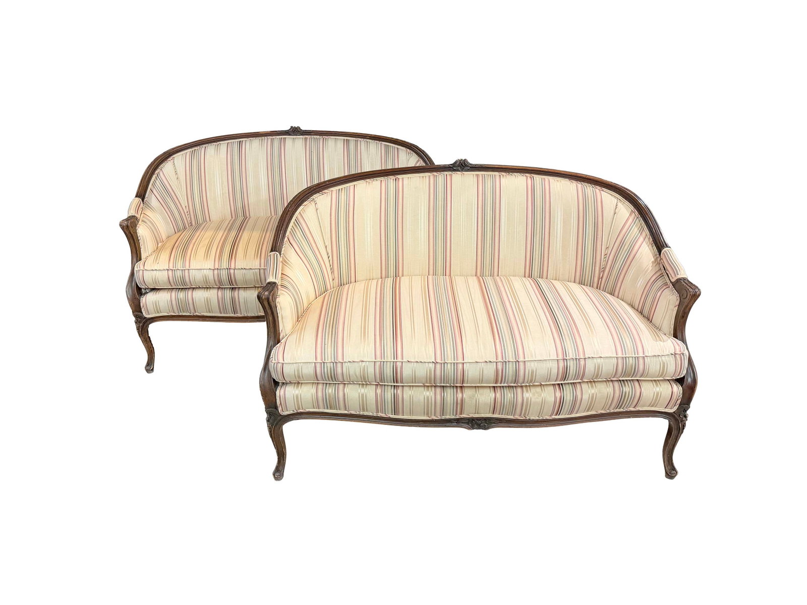 MATCHED PAIR OF FRENCH STYLE CURVED BACK SETTEES, SIZE 33"H X 51"W X 30"D (1 of 2)