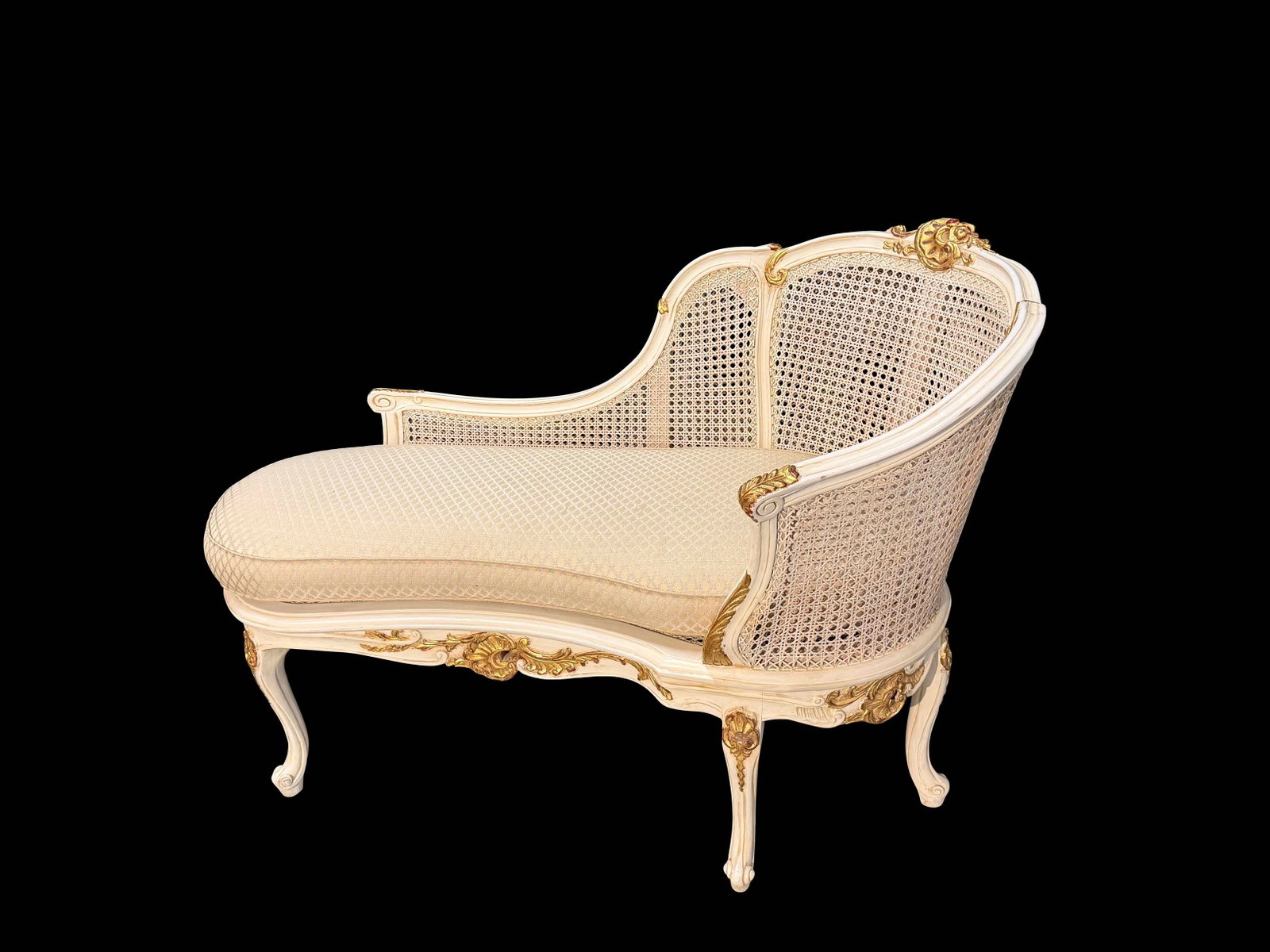 FRENCH CHAISSE LOUNGE WITH CANE BACK AND SEAT PAINTED WHITE WITH GOLD ACCENTS AND CUSTOM MADE (1 of 2)