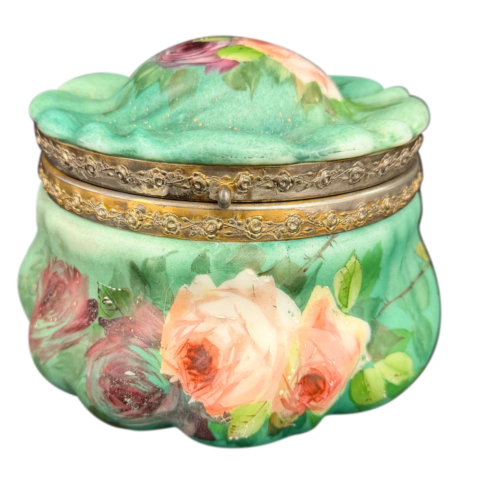 GREEN WAVECREST POWDER BOX WITH ROSES, SIZE 6"H X 7"W (1 of 4)