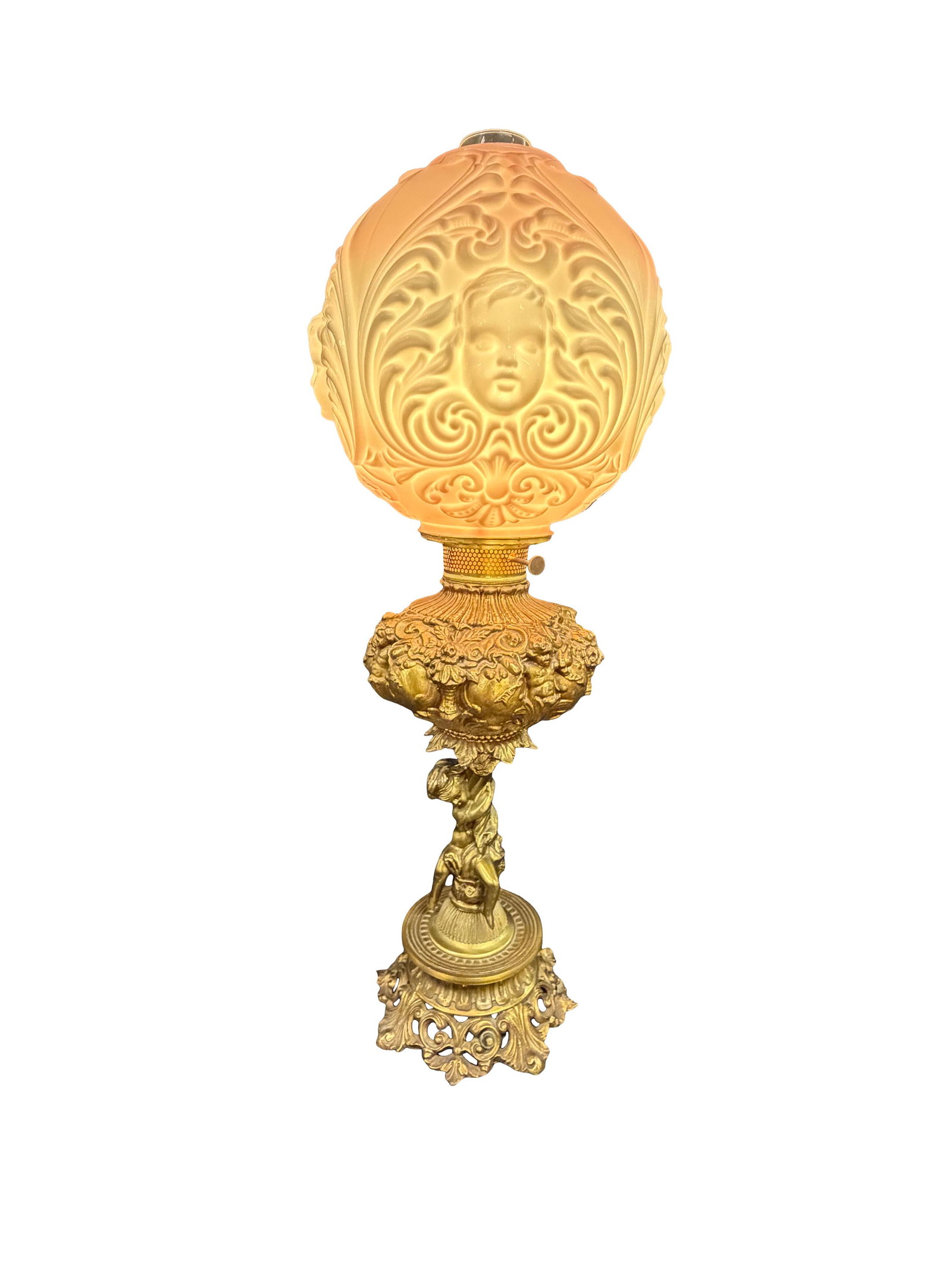VICTORIAN BANQUET LAMP WITH CHERUB BASE AND A GONE WITH THE WIND SHADE WITH CHERUB FACES, CHECK (1 of 2)