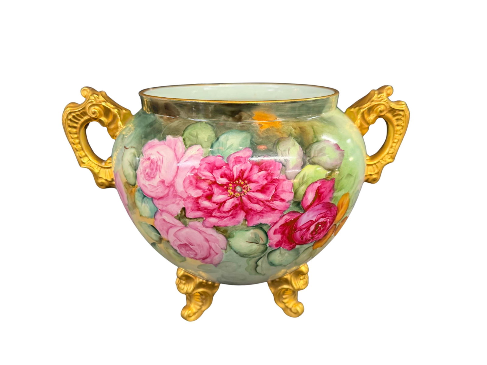 LARGE HAND PAINTED LIMOGES CENTER PIECE WITH HAND PAINTED ROSES AND HANDLES, HAS PAINT TOUCH UP (1 of 3)