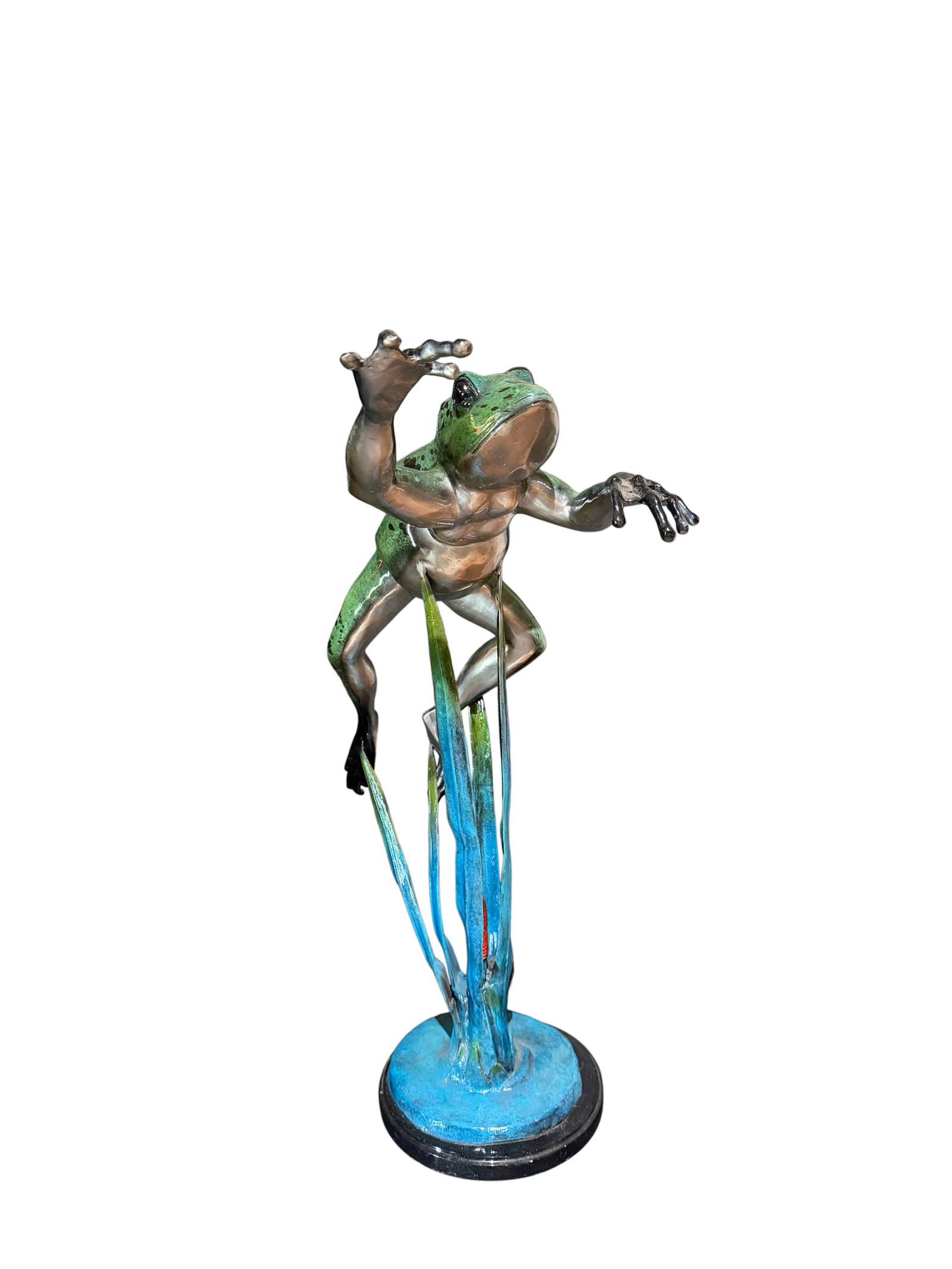 WHIMSICAL BRONZE LEAPING FROG STATUE ON MARBLE BASE (1 of 5)