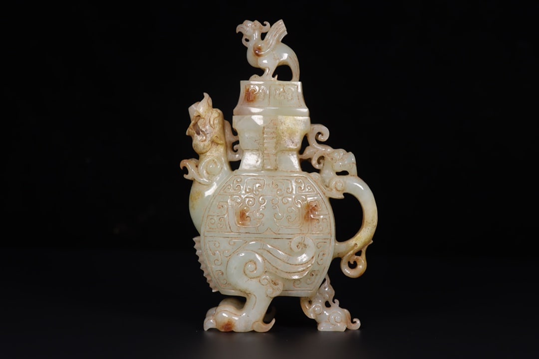 Old Collection Hetian Jade Carved Pots with Mythical Beast Lid (1 of 9)