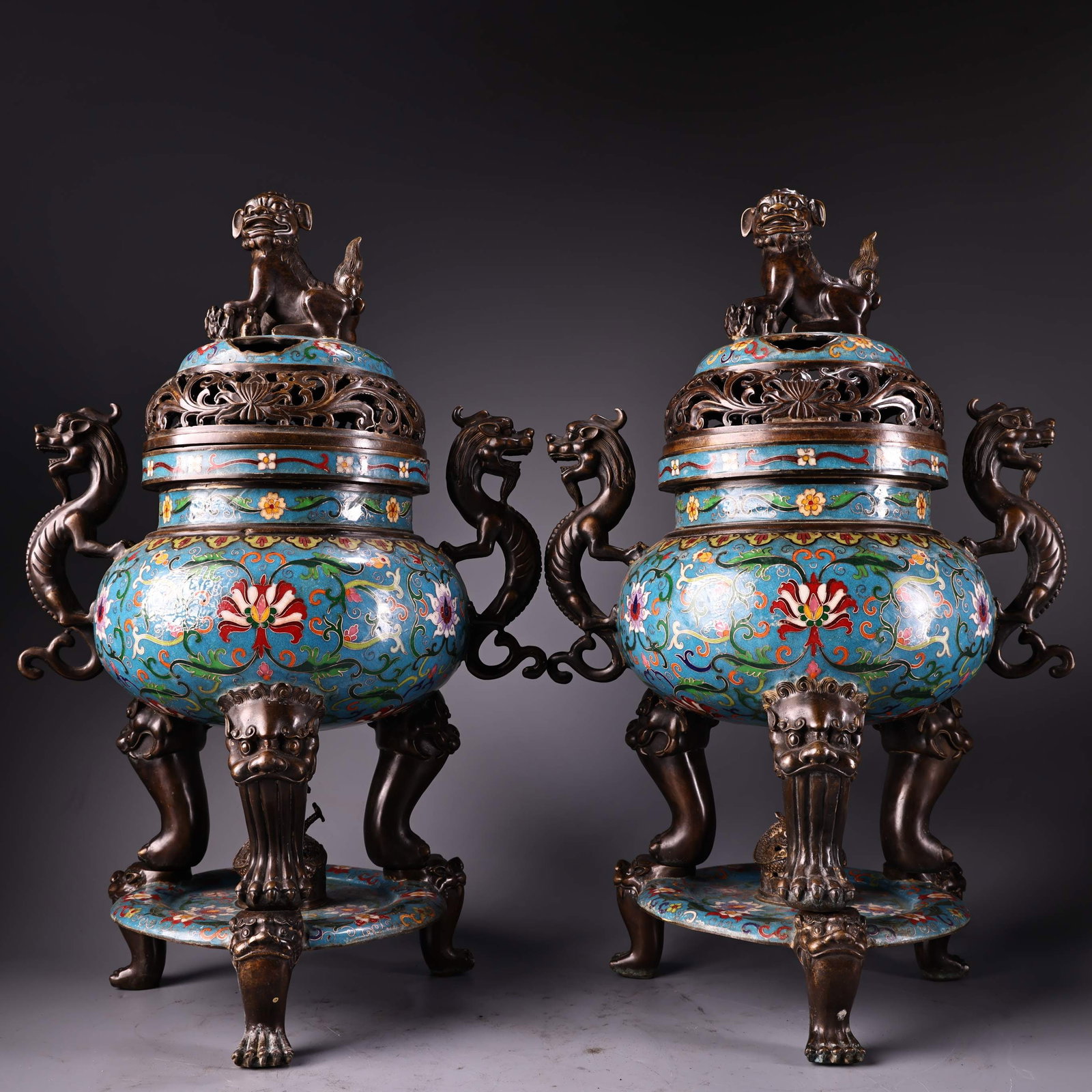 A Pair Rare Old Collection Solid Copper Cloisonne Enamel Lion-Head Lidded Incense Burner (1 of 11)