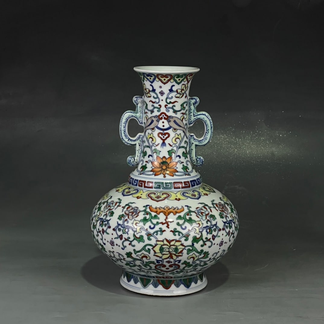 Chinese Doucai Porcelain Vase with Handles, Qianlong Mark, Floral Scroll (1 of 9)