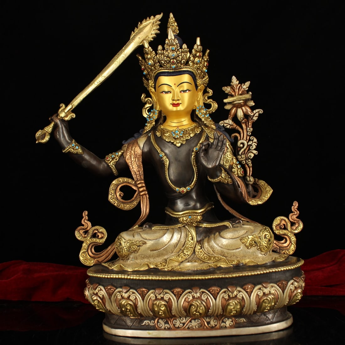 Old Collection Nepalese Handmade Purple Copper Gilded Gem-Set Manjushri Bodhisattva Statue (1 of 18)