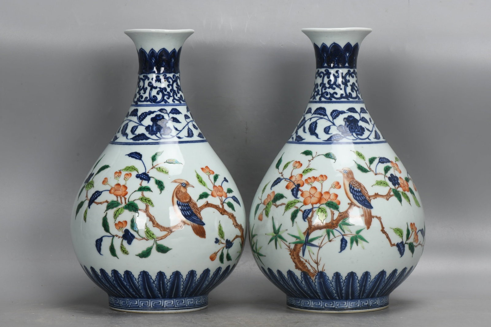 A pair of Ming Dynasty Yongle Blue and White Doucai Porcelain Vases With Lotus and Bird Motifs (1 of 9)