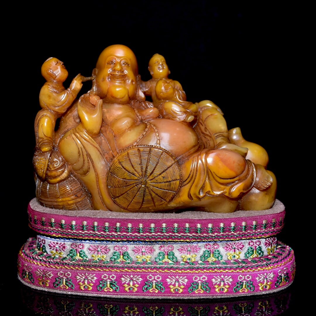 Old Collection Shoushan Tianhuang Stone Carved Buddha & Children Statue (1 of 9)