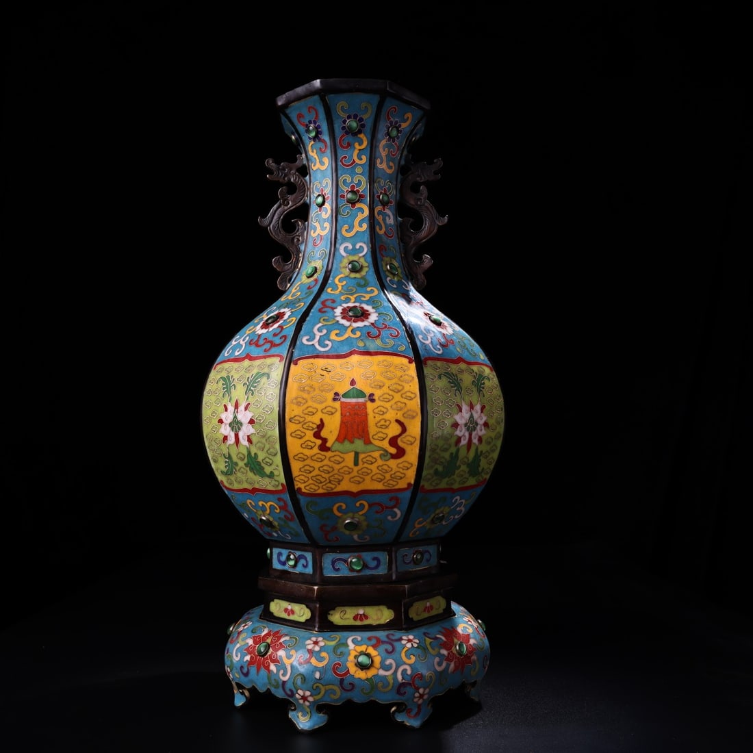 Old Collection Qing Dynasty Imperial Court Solid Copper Handmade Gem-Set Cloisonne Octagonal Vase (1 of 9)