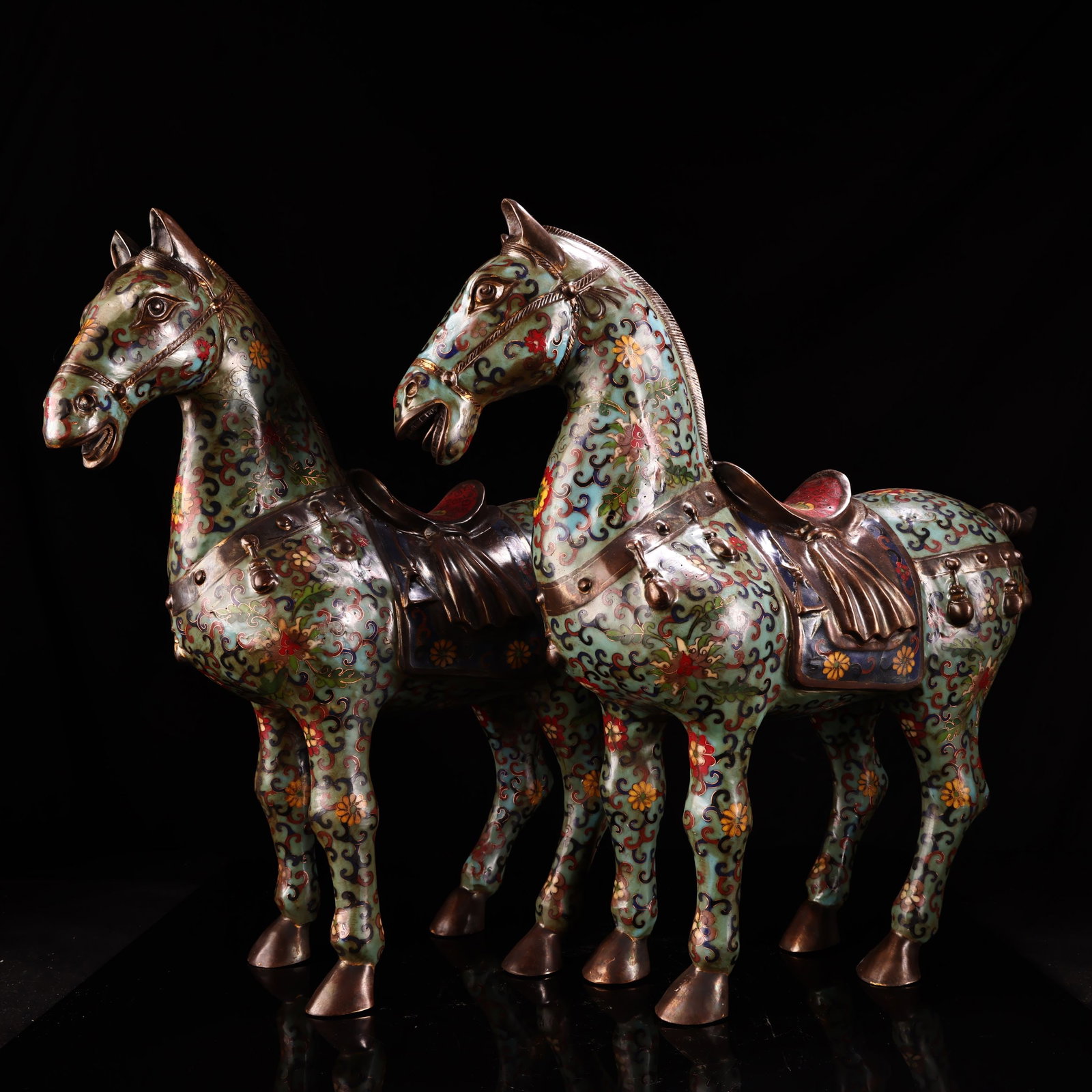 Rare Old Collection Solid Copper High Relief Chiseled Cloisonne Enamel Tang Horse Statues (Pair) (1 of 11)