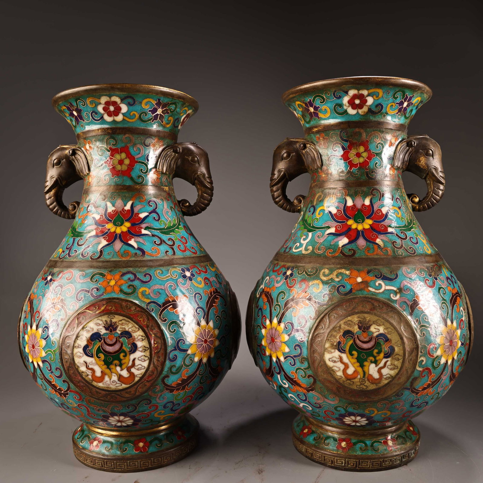 A Pair Chinese Cloisonne Enamel Elephant-Handle Vases, Qianlong Mark (1 of 9)