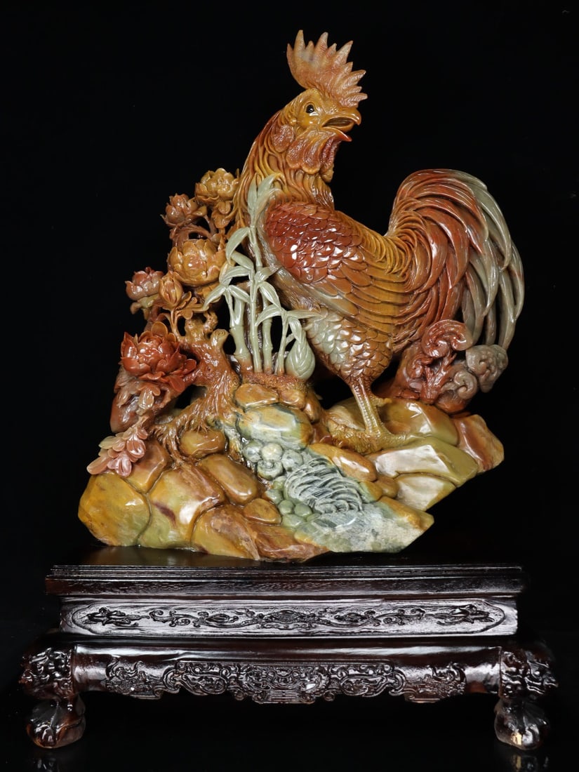 Old Collection Shoushan Stone Hollow out Carved Rooster Statue (1 of 9)