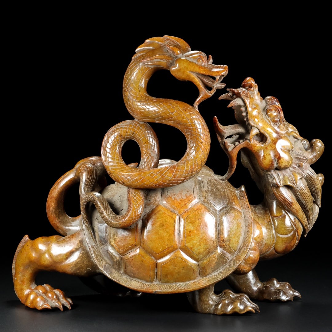 Old Collection Hetian Jade Carved Dragon-Turtle Beast Statue (1 of 9)