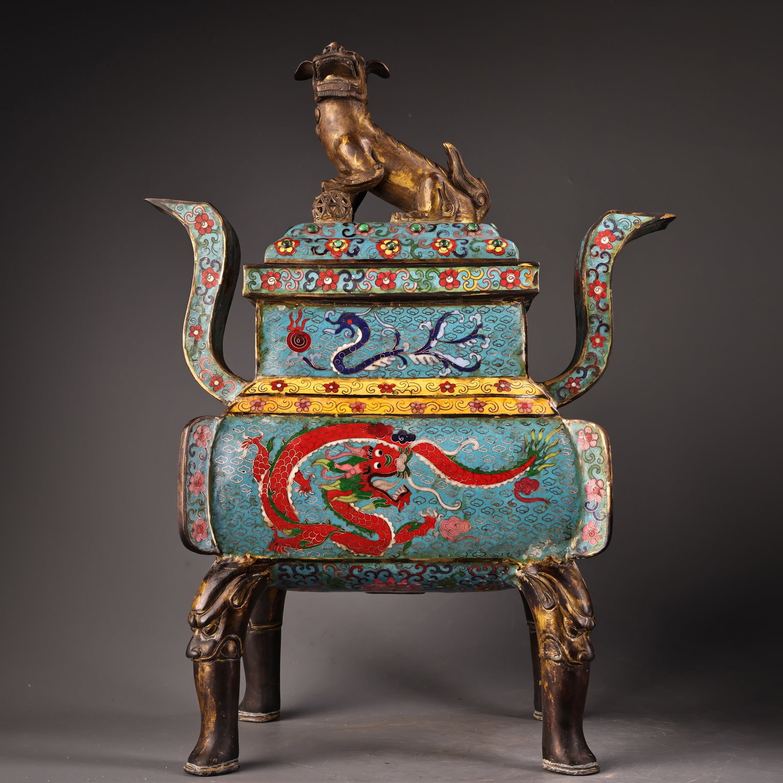 Large Chinese Cloisonne Enamel Censer with Gilt Lion Finial, Qing Dynasty: Details Period: Qing Dynasty (1644–1912) Height: 56 cm Width: 42 cm Weight: 12.5 kg