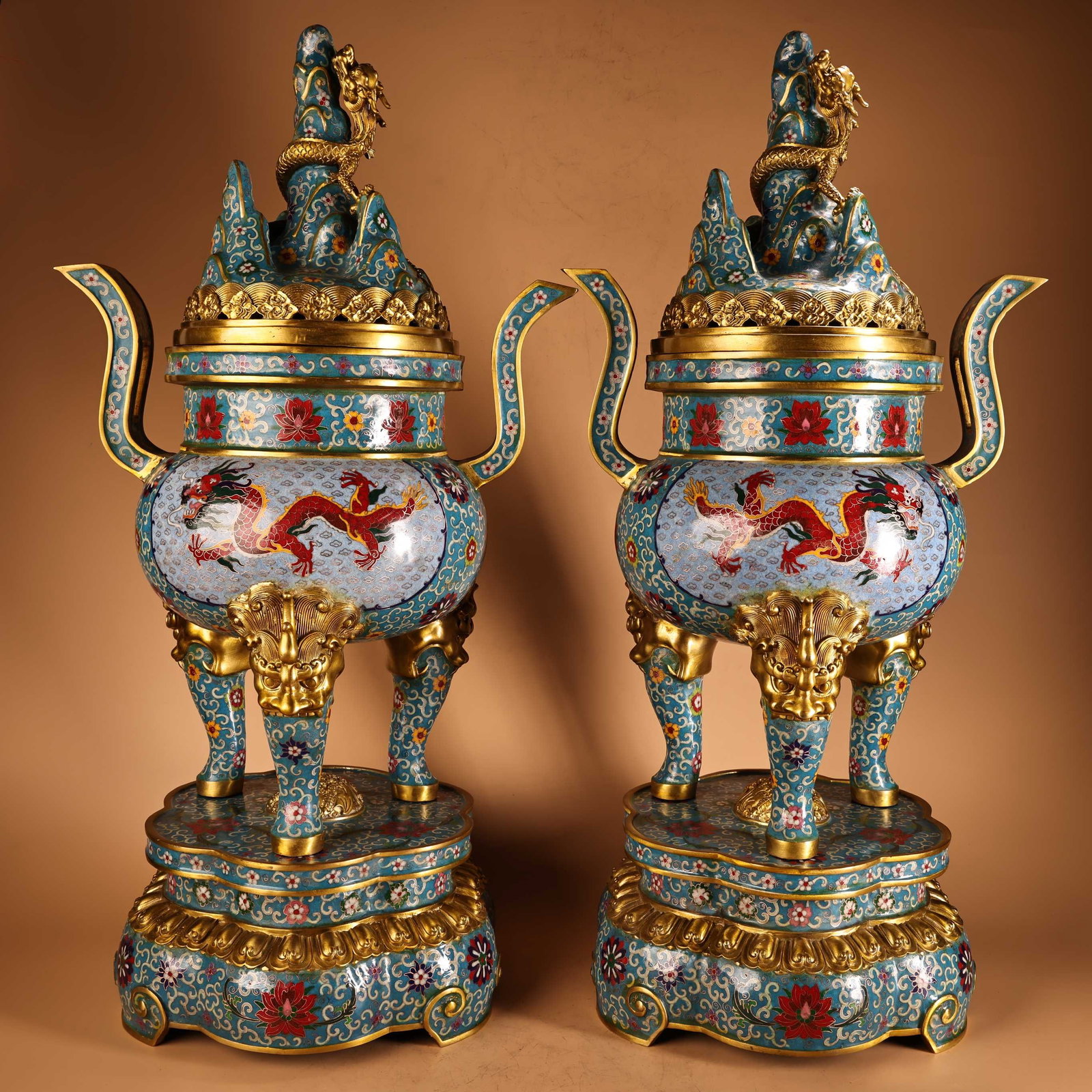 Massive Pair Chinese Gilt Cloisonne Dragon Censers, Qianlong Mark (1 of 9)