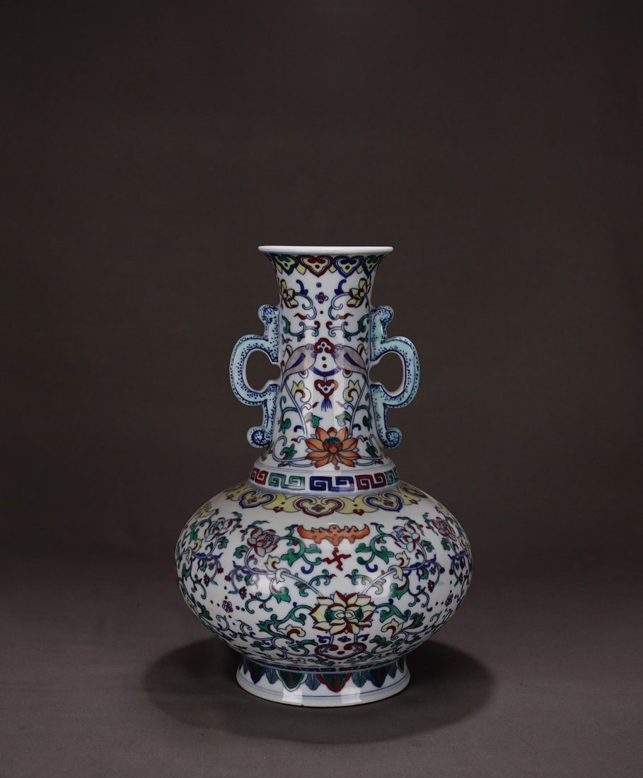 Chinese Qing Dynasty Doucai Porcelain Vase with Handles, Kangxi Mark, Floral Scroll (1 of 9)