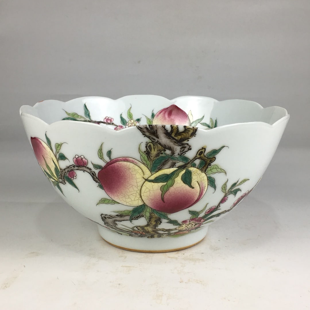 Chinese Famille Rose Porcelain Lobed Bowl, Qianlong Mark, Nine Peaches (1 of 9)