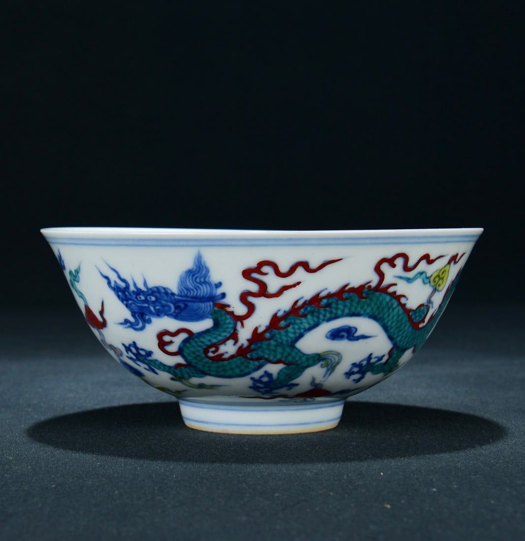 Chinese Blue and White and Doucai Porcelain Palace Bowl, Chenghua Mark, Dragon Motif (1 of 9)