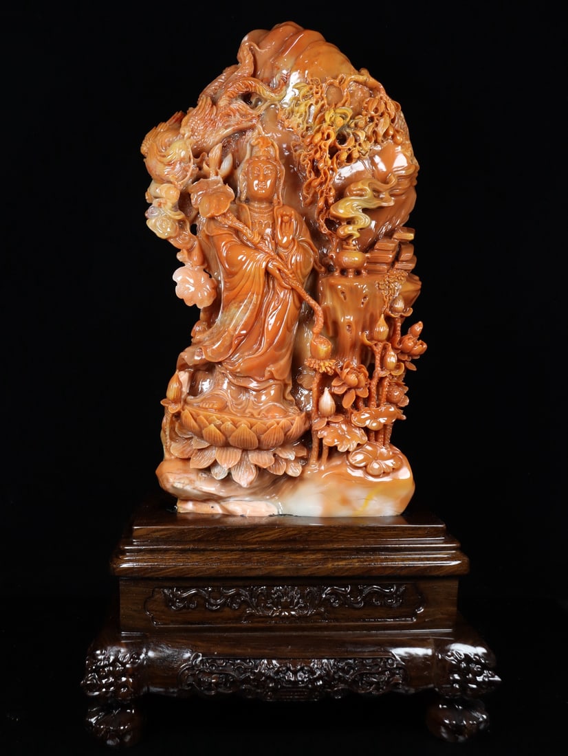 Old Collection Shoushan Stone Carved Guanyin Statue: Old Collection Shoushan Stone Carved Guanyin Statue Size: 52×28×20cm Weight: 7640 g