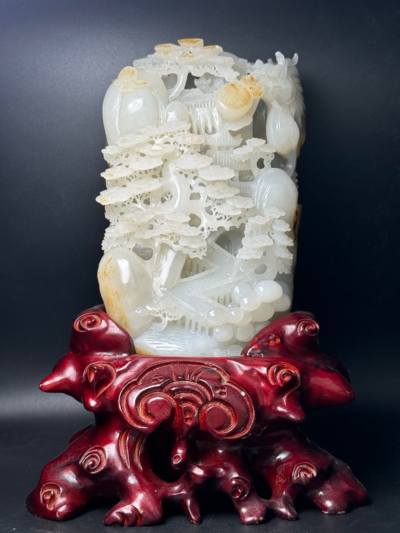 Old Chinese Hetian Jade Carved Mountain Landscape with Pavilion and Dragon: Old Chinese Hetian Jade Carved Mountain Landscape with Pavilion and Dragon Overall Height: 300 mm Dimensions (without base): 210 × 132 × 66 mm Weight: 3150 g