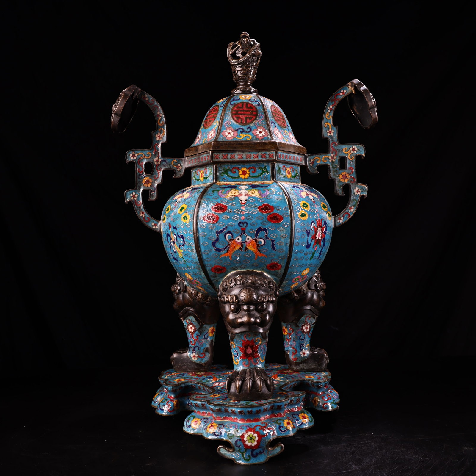 Large Chinese Cloisonne Enamel "Eight Treasures" Incense Burner with Ruyi Handles, Qing Dynasty (1 of 9)