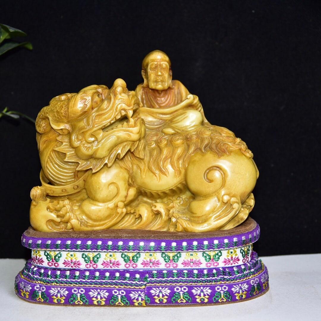 Old Collection Shoushan Tianhuang Stone Carved Lion & Luohan Statue (1 of 9)
