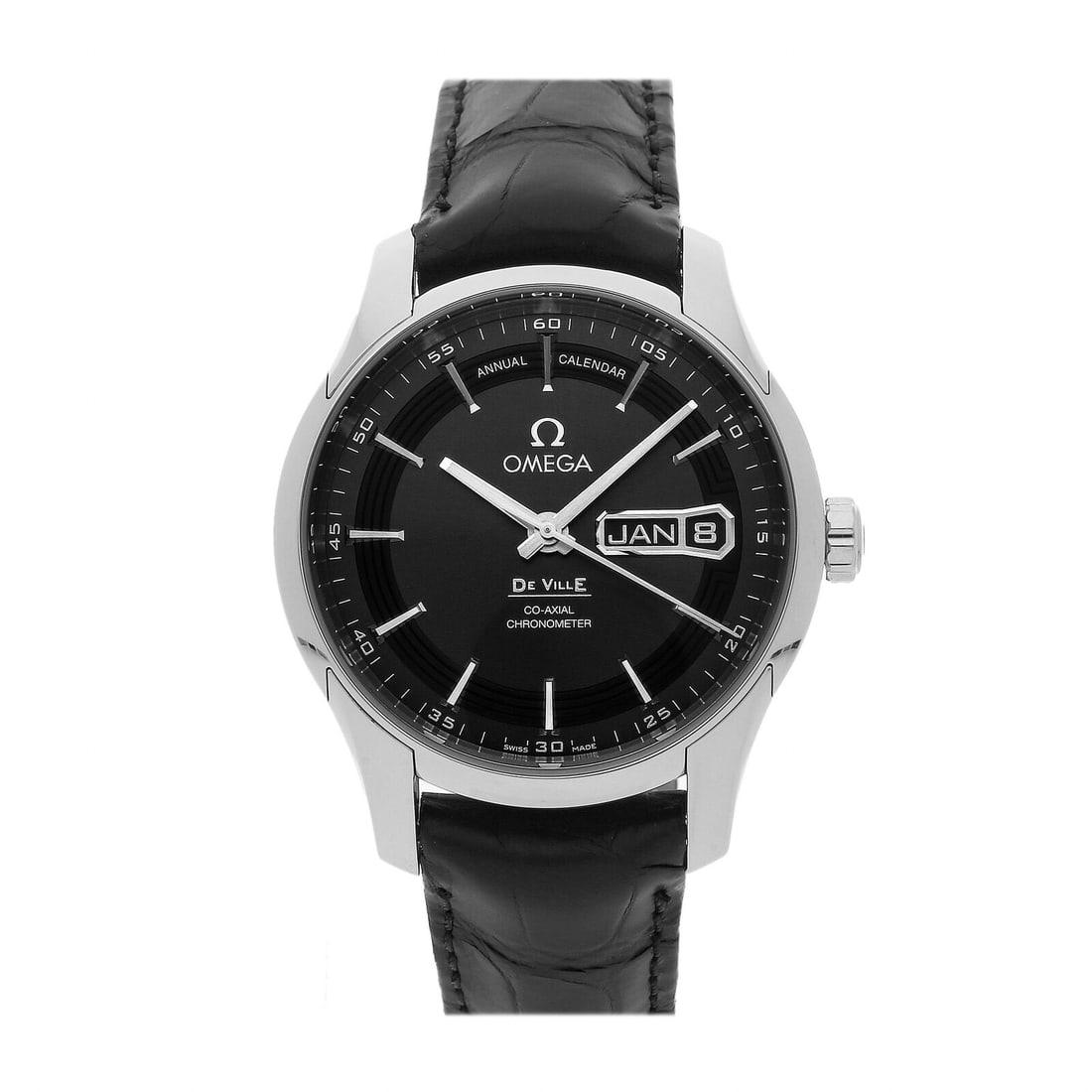Omega De Ville Hour Vision Calendar Auto Steel Mens Watch 431.33.41.22.06.001: Condition:Pre-owned Brand:Omega Movement:Automatic Case Size:41mm Hour Markers:Index Watch Shape:Round Caseback:Exhibition Features:Day and date Gender:Men Band Material:Alligator Band Color:Black Buc