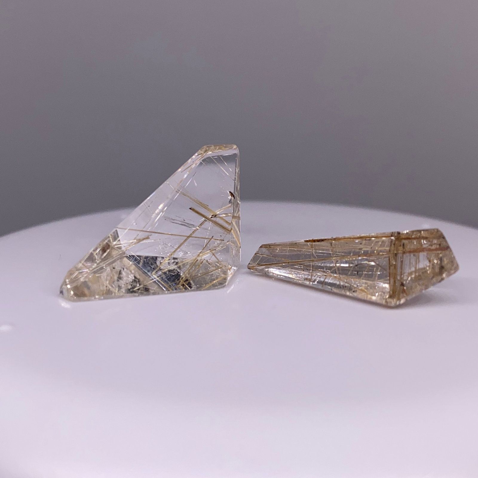 Rare Natural Quartz Crystal Pair by Francis J. Sperisen: A matched 17.19ct set of natural quartz crystals, displaying high clarity and perfect for bespoke jewelry or collection. Perfectly matched natural quartz crystals of this clarity and size are exceptio