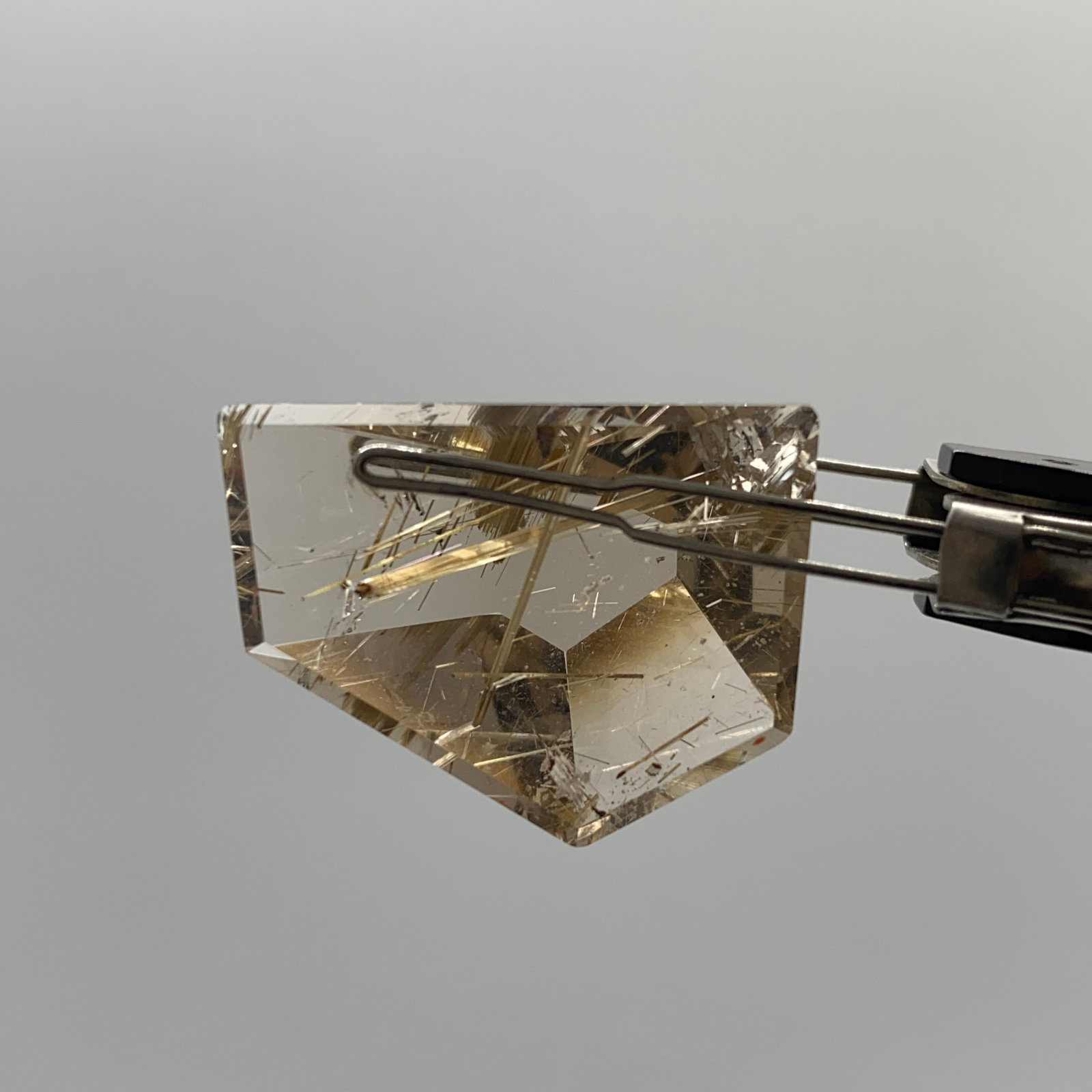 Rare Natural Rutilated Quartz Crystal by Francis J. Sperisen: A large 35.00ct clear quartz stone intersected with striking, dense golden rutile needles for maximum visual impact. Large 35-carat quartz stones intersected with dense golden rutile are highly rare. 