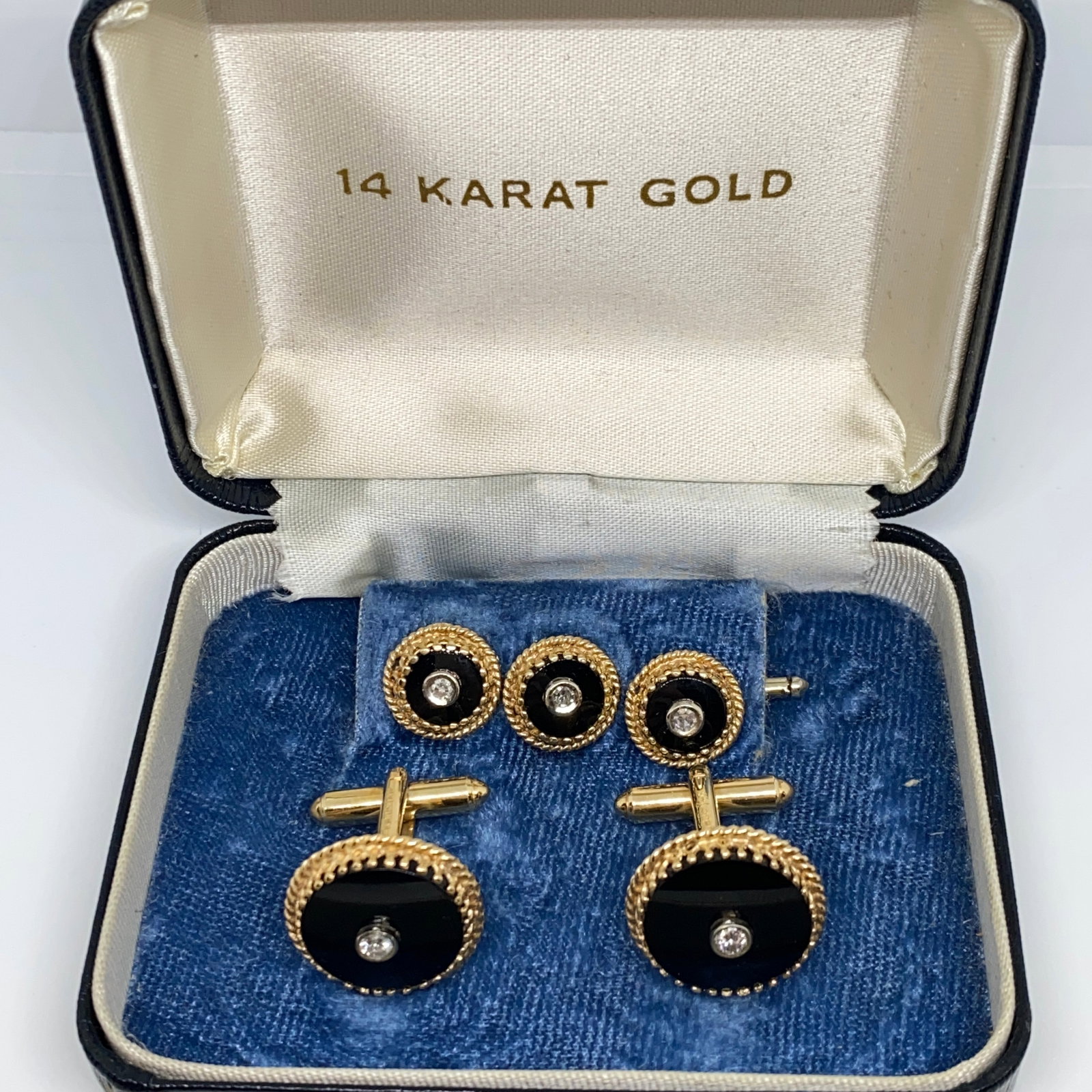 Heirloom 14K Gold Diamond & Black Onyx Cuff Link Set: A substantial 18.79g formal 14K gold cuff link set featuring stark black onyx accented with brilliant, high-quality diamonds. Substantial 14K gold formal cufflink sets in this pristine estate conditio