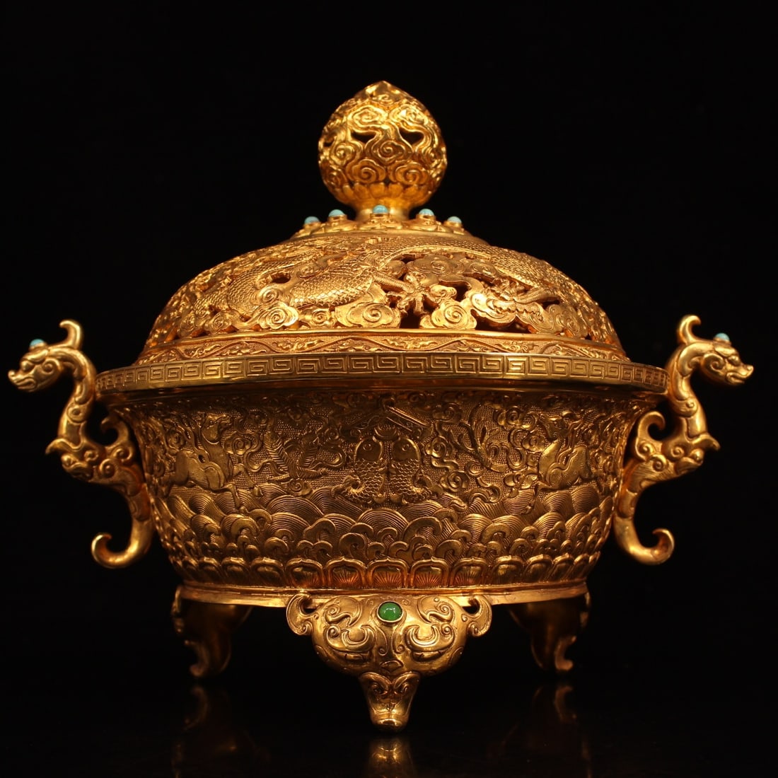 A fine pure copper high-relief carved carved hollow gilt eight-treasure incense burner (1 of 9)